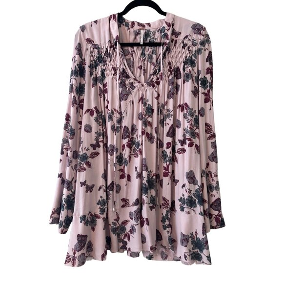 Free People Pebble Crepe Smocked Tunic Top Blouse Floral Lavender Sz M - Picture 4 of 12